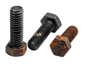 Three weathered, metal fasteners with hexagonal heads and prominent threading, isolated on black