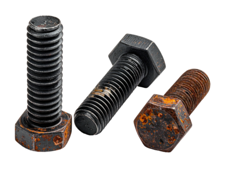 Three weathered, metal fasteners with hexagonal heads and prominent threading, isolated on black