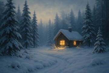 A Cozy Cabin Illuminated in a Snowy Forest at Dusk