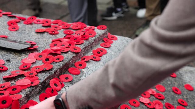 People placing poppy flowers on the Tomb of the Unknown Soldier in Ottawa, Canada on Remembrance Day.