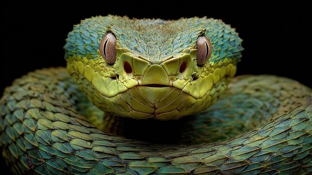 Captivating Green Bush Viper: Extreme Macro Portrait with Striking Eyes and Intricate Scales