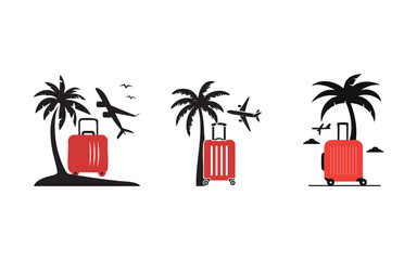 Travel luggage and airplane logo design, tropical vacation vector, holiday trip palm tree illustration