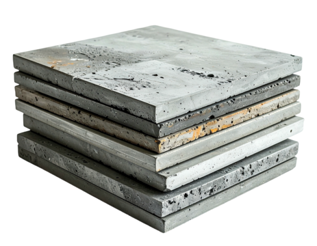 Stack of square concrete slabs, showing various textures and hues, isolated on black background