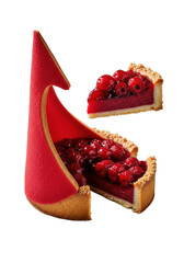Gourmet crimson red fruit tart, arrow-shaped, with a precise wedge revealing ruby-red compote and glistening berries, on transparent, macro close-up. Concept of culinary perfection and indulgence