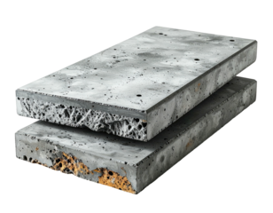 Two rough, gray concrete slabs stacked against a black background, showing structural detail