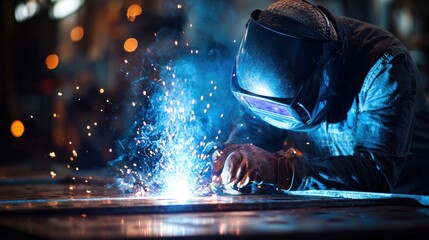 Intense Blue Sparks Fly as Welder Crafts Metal in Dramatic Industrial Scene