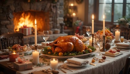 Thanksgiving dinner table setting with roasted turkey and burning fireplace