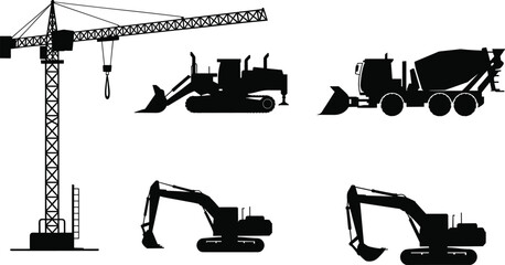 Construction vehicles silhouettes, tower crane, bulldozer, cement mixer truck, excavator illustration, heavy machinery icons, civil engineering equipment, industrial machines, black vector design