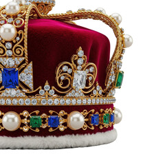 Macro close-up: royal crown, crimson velvet, burnished gold, diamonds, sapphire, emeralds, pearls, isolated on transparent, Concept of opulent craftsmanship