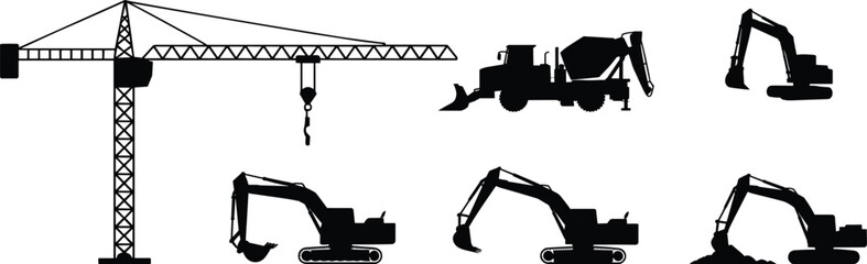 Construction vehicles silhouettes, tower crane, bulldozer, excavators, heavy machinery illustration, civil engineering equipment, industrial machines, building site tools, black vector design