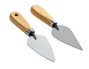 Two cheese knives on a black background, angled to the viewer, each with wood handle