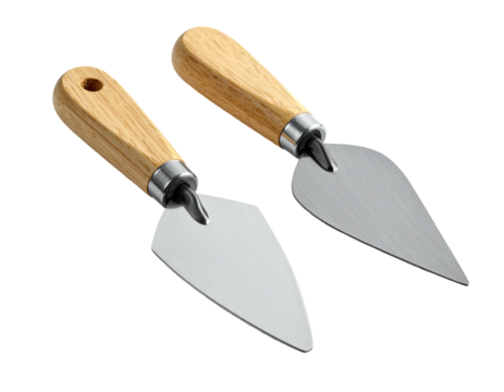 Two cheese knives on a black background, angled to the viewer, each with wood handle