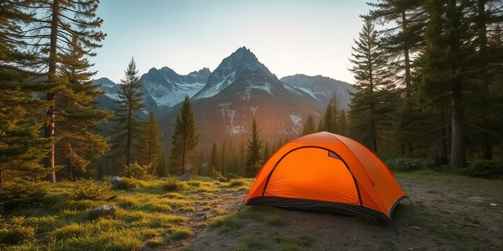 An orange tent is pitched on a grassy patch in a forest with tall pines and snowcapped mountains visible in the background du the warm light of sunrise. - Powered by Adobe