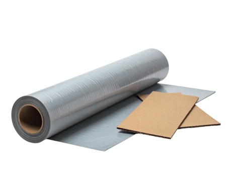 A roll of gray, textured material alongside several cardboard panels on a black background