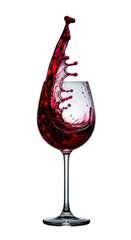 Ultra-close-up of a crystal-clear wine goblet with ruby red wine splashing upwards, ethereal droplets suspended mid-air against a transparent background, dramatic high-contrast lighting, concept of