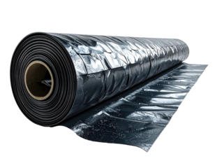 Close-up of a rolled black waterproof material with a shiny, textured surface