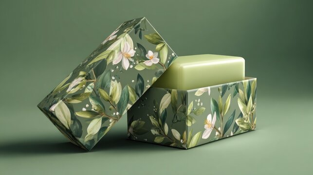 Elegant Botanical Packaging Mockup: Open Box with White Flowers and Green Leaves Revealing a Smooth, Light Green Product on Olive Background.