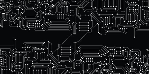 Technology white circuit diagram on black background. High-tech circuit board connection system. Vector abstract technology on black background.