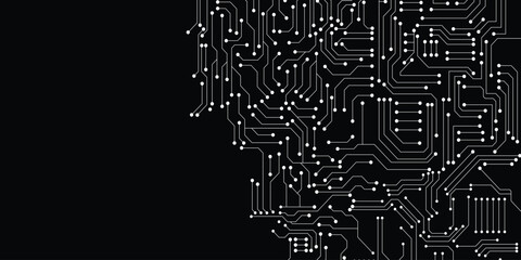 Grey circuit connection on black background. High-tech circuit board connection system. futuristic digital innovation background.