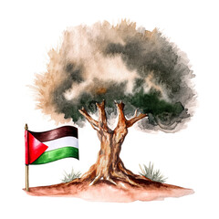 A beautiful large olive tree and a Palestinian flag painted in watercolor with soft brushstrokes. A soothing watercolor symbolizing peace and freedom.