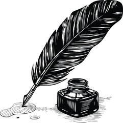 Black quill pen and inkwell with ink spill writing