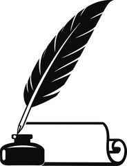 Black quill pen inkwell and scroll on white background