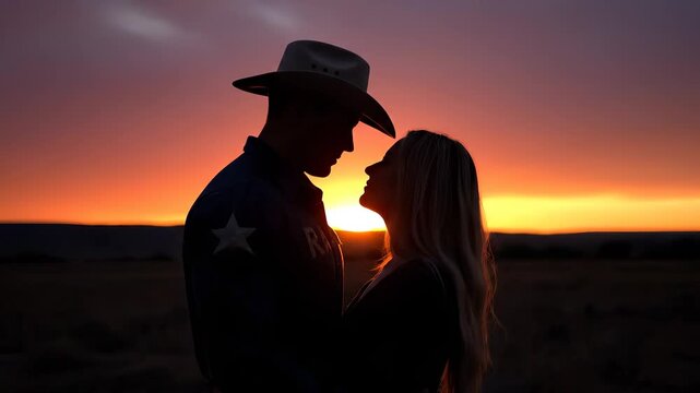 A cowboy and a woman stand close as the cowboy watches the sunset illuminate the horizon. The cowboy touches the woman's head as the sunset casts a warm glow.