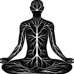 Black silhouette of meditating person with white tree root veins