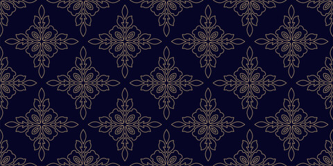 Luxury linear floral ornament. Elegant golden seamless pattern with abstract outline flower silhouettes, foliage. Black and gold minimal design. Geometric vector background in damask, oriental style