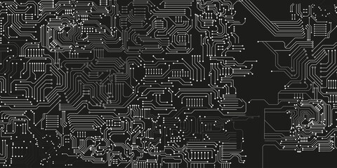Black technology background with circuit white diagram. Technology circuit diagram concept. High-tech connection system. Vector abstract technology on a grey background.