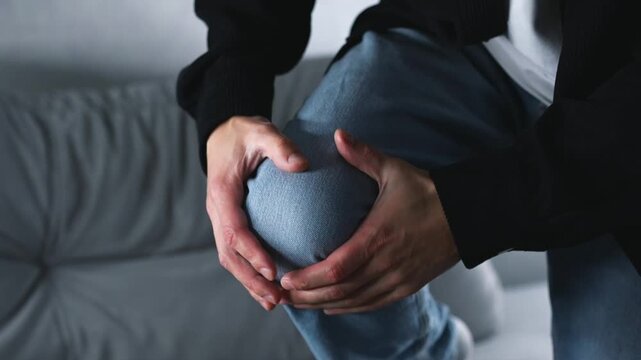 A young man in a room is suffering from knee pain.
The man is screaming in pain and clutching his knee with his hands.
Broken leg and sprained ligaments in the leg