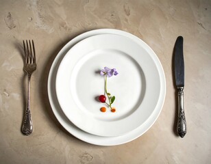 Elegant table setting with white plates, a fork, knife, and floral garnish