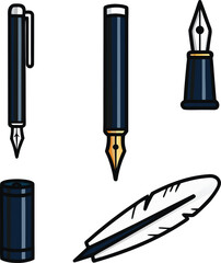 Collection of dark blue writing instruments and feather quill