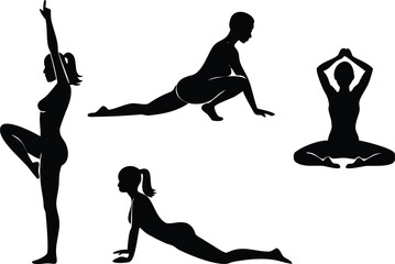 Four black female yoga poses silhouettes on white background