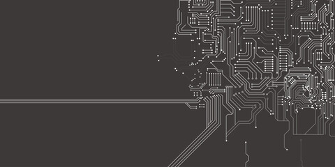 Black technology background with circuit white diagram. Technology circuit diagram concept. High-tech connection system. Vector abstract technology on a grey background.