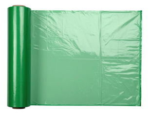A roll of green plastic wrap unrolling, with the extended sheet visible, isolated on black