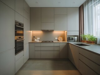 Fototapeta premium Modern Kitchen Interior: A meticulously crafted kitchen showcases sleek, minimalist design, highlighting the integration of modern appliances and a clean aesthetic.