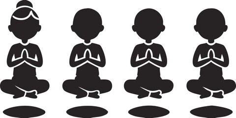 Four black silhouette figures meditating in lotus pose