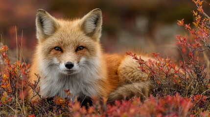 Fototapeta premium Red Fox Portrait Amidst Autumnal Foliage, Captivating Gaze, Natural Habitat