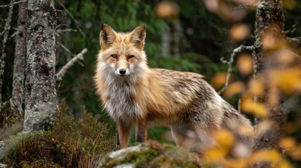 Fototapeta premium Majestic Red Fox with Golden Fur Standing Alert in a Misty Autumn Forest