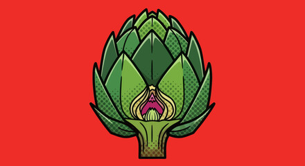 Stylized artichoke with comic-style dots on a red background