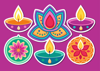 Vibrant Diwali Celebration A Colorful Array of Diyas and Lotus Flowers on Purple Background collection