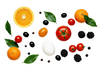 Assortment of fresh fruits vegetables and egg isolated on transparent background