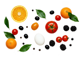 Assortment of fresh fruits vegetables and egg isolated on transparent background