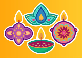 Colorful Diwali Celebration Decorative Oil Lamps and Rangoli Designs on a Vibrant Yellow Background cheerful