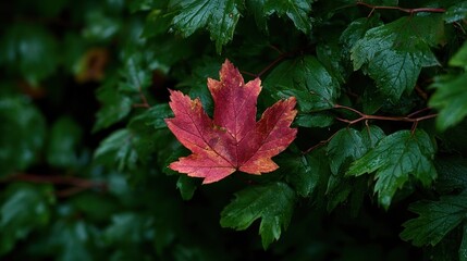 Crimson Maple Leaf Amidst Verdant Foliage, Rain-Kissed Serenity