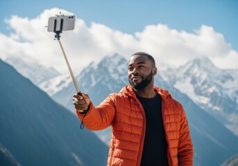 Happy Black man taking a selfie with a smartphone in the mountains. Tourist vlogging during an outdoor adventure with a snowy landscape background.