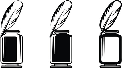Three black inkwells with quills on white background