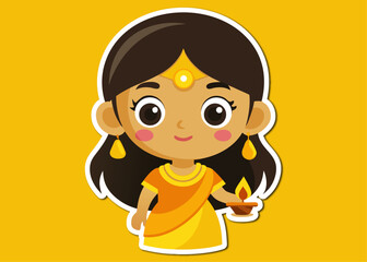 Cute Cartoon Girl Holding a Diwali Lamp on a Yellow Background for Festive Celebrations cartoon