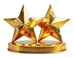 Two gold stars on a golden pedestal. Shimmering, bright light, isolated on black background